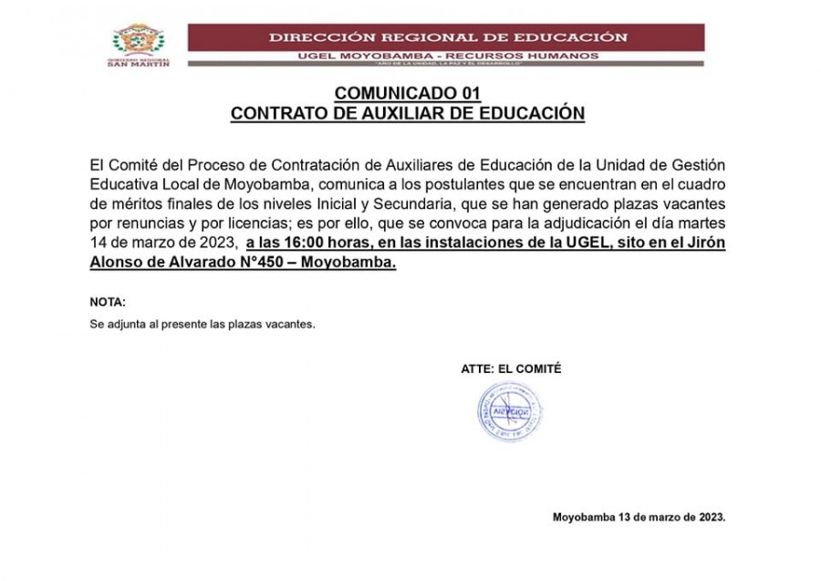 📌COMUNICADO 01 - CONTRATO DE AUXILIAR DE EDUCACIÓN