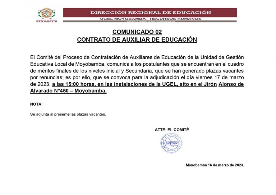 📌COMUNICADO 02 CONTRATO DE AUXILIAR DE EDUCACIÓN.