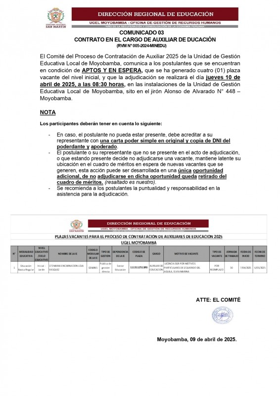 📍COMUNICADO 03 CONTRATO EN EL CARGO DE AUXILIAR DE DUCACIÓN (RVM N° 005-2024-MINEDU)