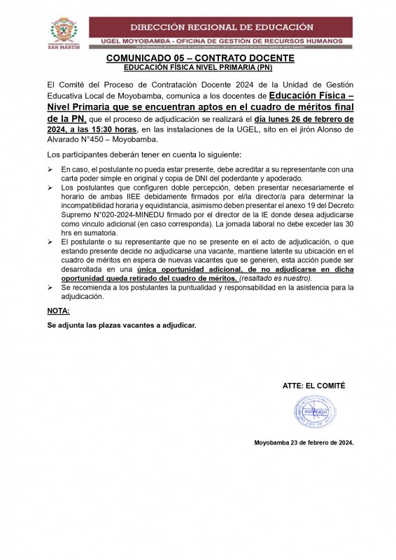 COMUNICADO 05 – CONTRATO DOCENTE EDUCACIÓN FÍSICA NIVEL PRIMARIA (PN)