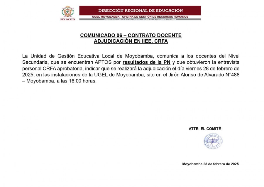 📌COMUNICADO 06 – CONTRATO DOCENTE. 📍ADJUDICACIÓN EN IIEE. CRFA