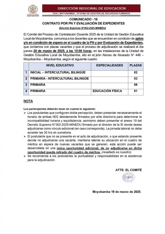 📌 COMUNICADO - 16 CONTRATO POR PN Y EVALUACIÓN DE EXPEDIENTES