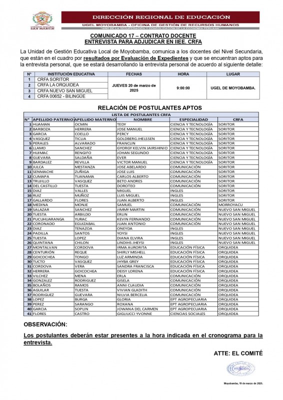 📌 COMUNICADO 17 – CONTRATO DOCENTE ENTREVISTA PARA ADJUDICAR EN IIEE. CRFA