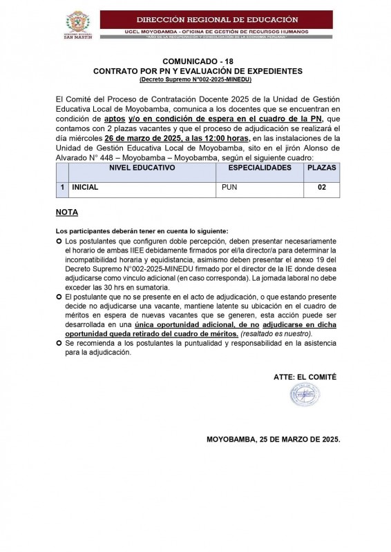 📌COMUNICADO - 18  CONTRATO POR PN Y EVALUACIÓN DE EXPEDIENTES  (Decreto Supremo N°002-2025-MINEDU)