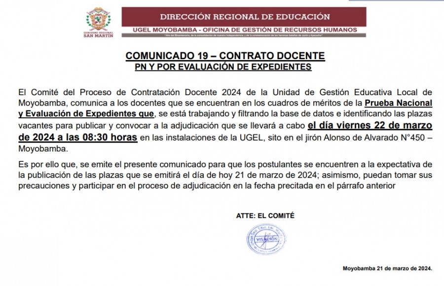📌COMUNICADO 19 – CONTRATO DOCENTE📌 📌PN Y POR EVALUACIÓN DE EXPEDIENTES📌
