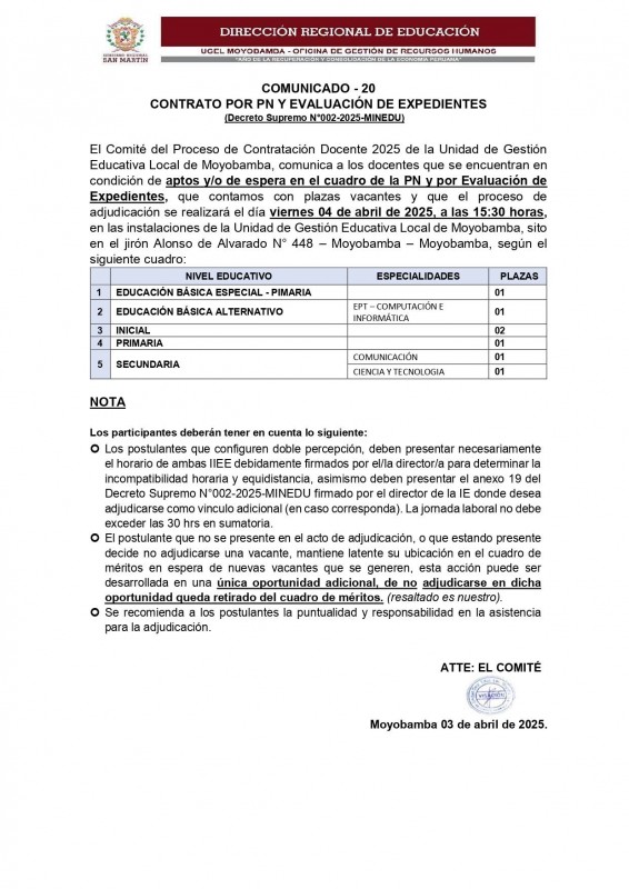 📌COMUNICADO - 20  CONTRATO POR PN Y EVALUACIÓN DE EXPEDIENTES (Decreto Supremo N°002-2025-MINEDU)