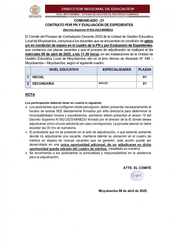 📍COMUNICADO - 21 CONTRATO POR PN Y EVALUACIÓN DE EXPEDIENTES