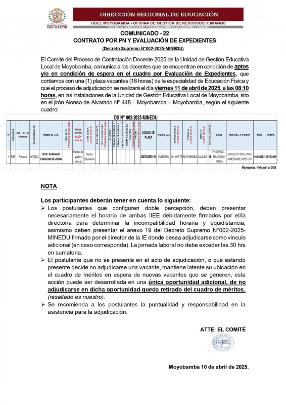 📌COMUNICADO - 22 CONTRATO POR PN Y EVALUACIÓN DE EXPEDIENTES