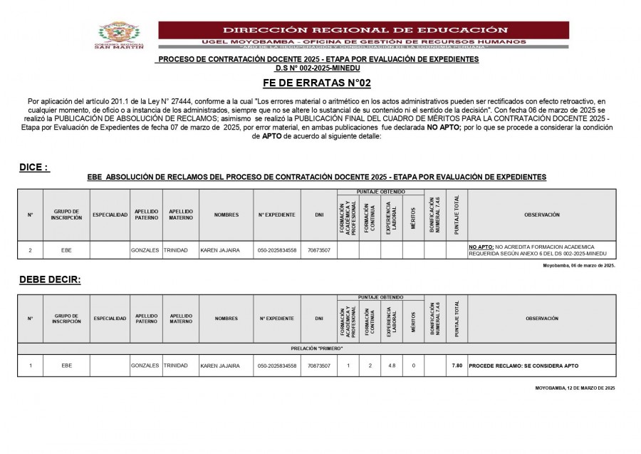 📌PROCESO DE CONTRATACIÓN DOCENTE 2025 - ETAPA POR EVALUACIÓN DE EXPEDIENTES  D.S N° 002-2025-MINEDU 📍FE DE ERRATAS N°02