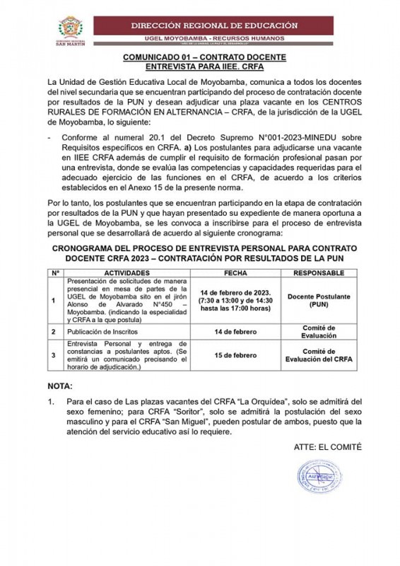 📌COMUNICADO 01 &ndash; CONTRATO DOCENTE - ENTREVISTA PARA IIEE. CRFA