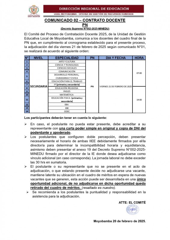 📌COMUNICADO 02 &ndash; CONTRATO DOCENTE 2025 PN. Decreto Supremo N&deg;002-2025-MINEDU)