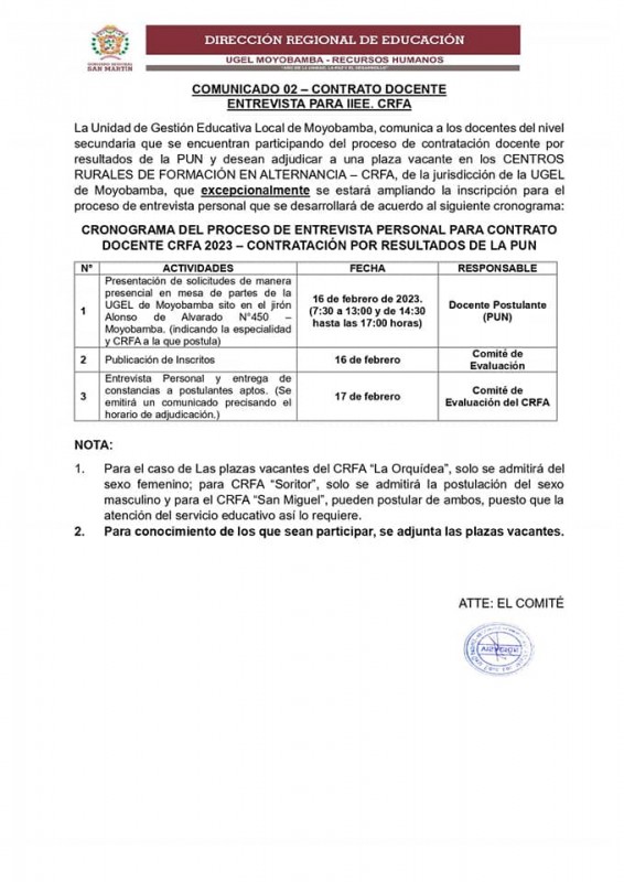 COMUNICADO 02 &ndash; CONTRATO DOCENTE ENTREVISTA PARA IIEE. CRFA