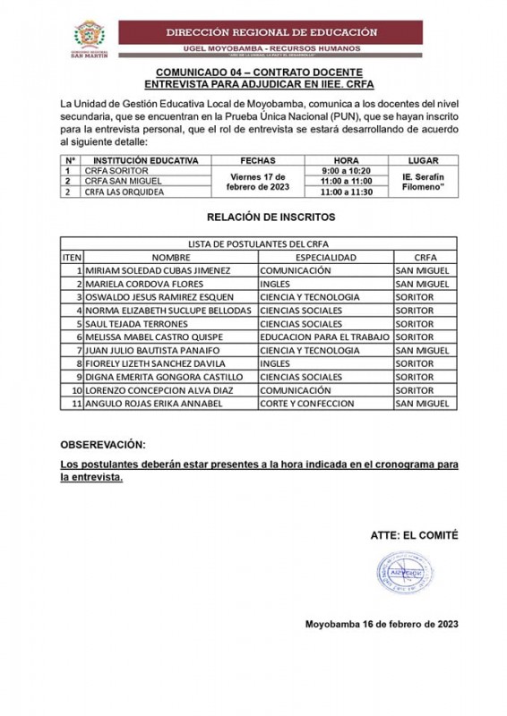 📌COMUNICADO 04 &ndash; CONTRATO DOCENTE ENTREVISTA PARA ADJUDICAR EN IIEE. CRFA