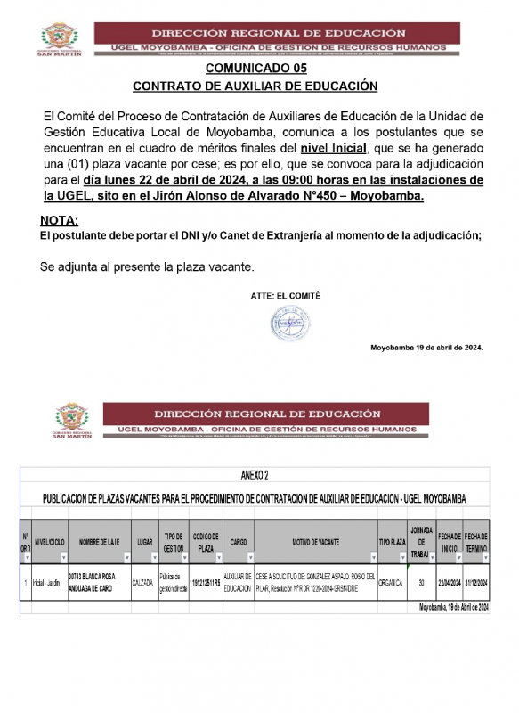 📍COMUNICADO 05 CONTRATO DE AUXILIAR DE EDUCACI&Oacute;N