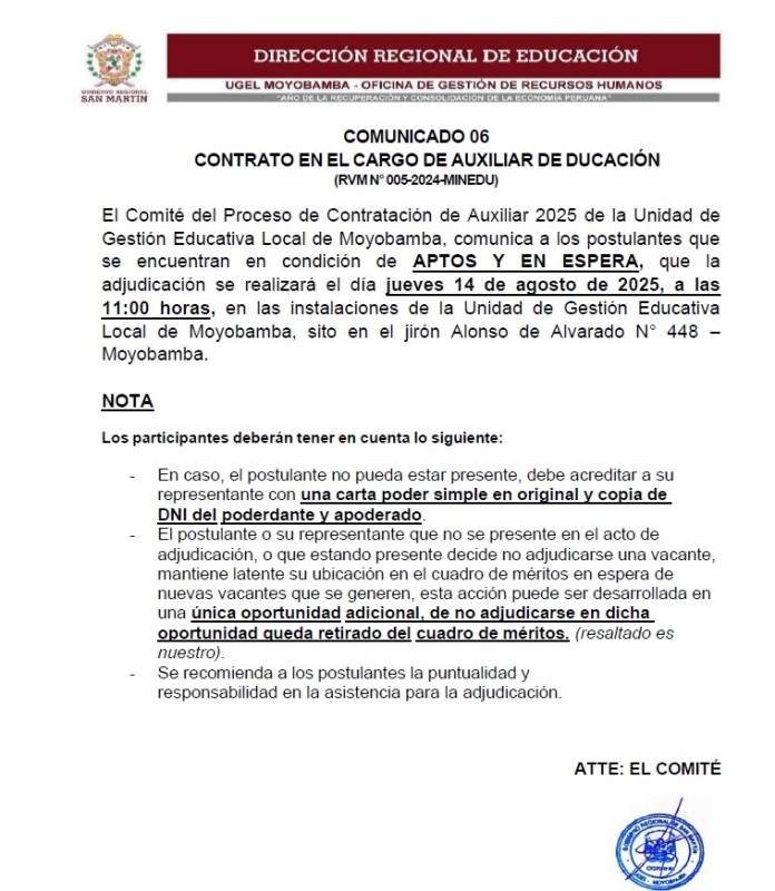 COMUNICADO 06 CONTRATO EN EL CARGO DE AUXILIAR DE DUCACI&Oacute;N
