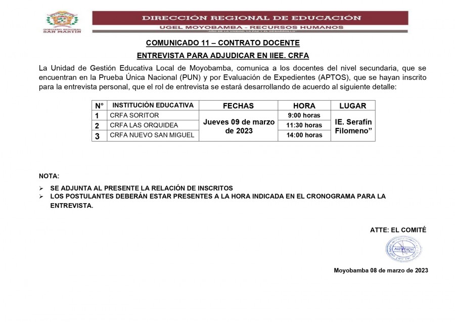 📌COMUNICADO 11 &ndash; CONTRATO DOCENTE - ENTREVISTA PARA ADJUDICAR EN IIEE. CRFA