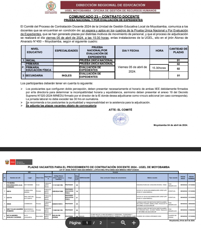 📌COMUNICADO 23 &ndash; CONTRATO DOCENTEPRUEBA NACIONAL Y POR EVALUACI&Oacute;N DE EXPEDIENTES.