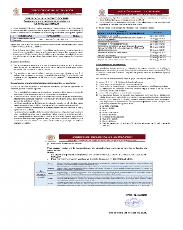 📌COMUNICADO 26 &ndash; CONTRATO DOCENTE Convocatoria por evaluaci&oacute;n de expedientes