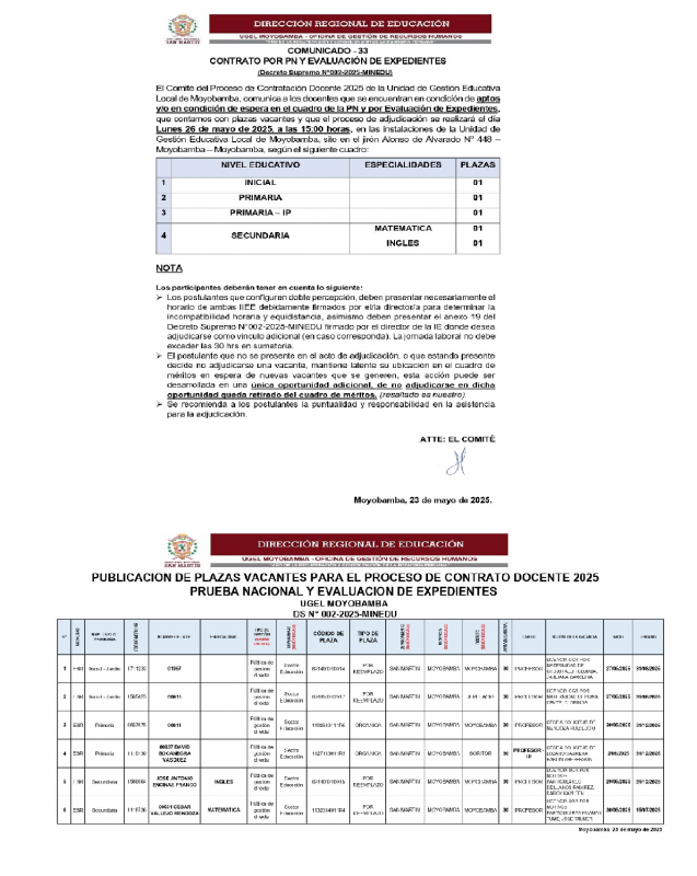 📌COMUNICADO - 33 CONTRATO POR PN Y EVALUACI&Oacute;N DE EXPEDIENTES