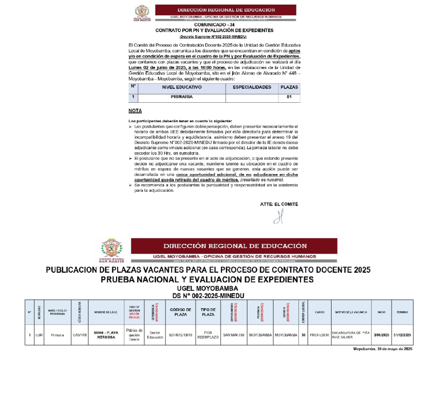 📌COMUNICADO - 34 CONTRATO POR PUN Y EVALUACI&Oacute;N DE EXPEDIENTES.