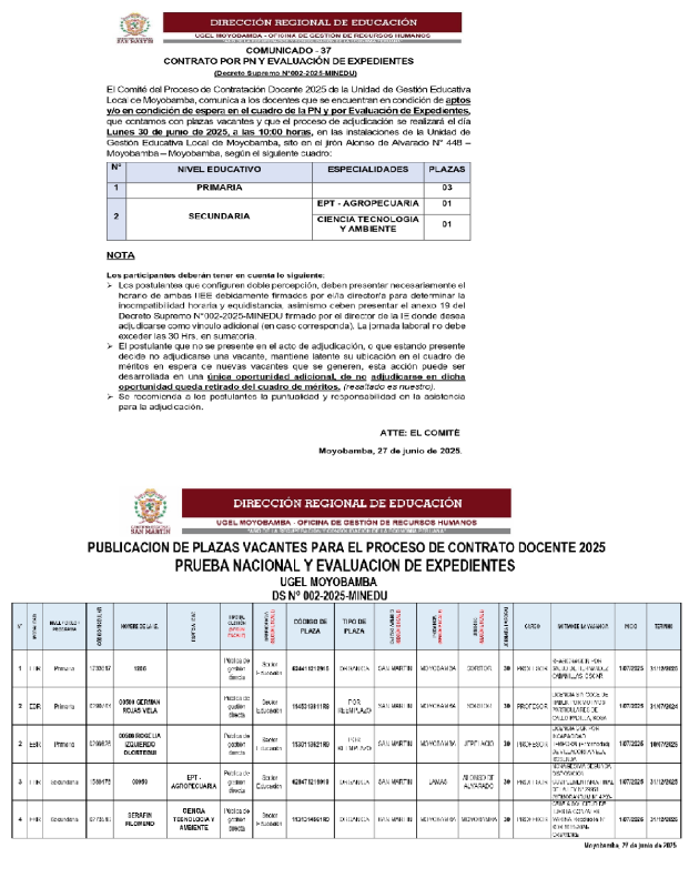 📌COMUNICADO - 37 CONTRATO POR PN Y EVALUACI&Oacute;N DE EXPEDIENTES