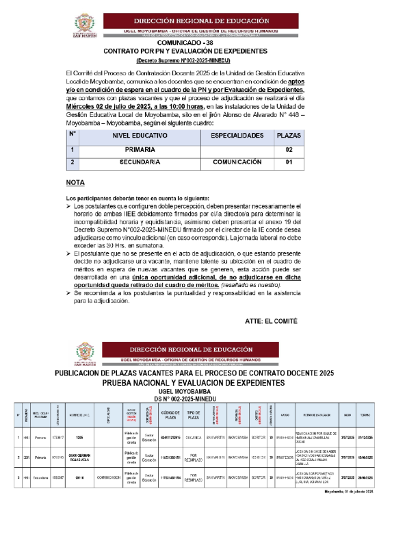 📌COMUNICADO - 38 CONTRATO POR PN Y EVALUACI&Oacute;N DE EXPEDIENTES.