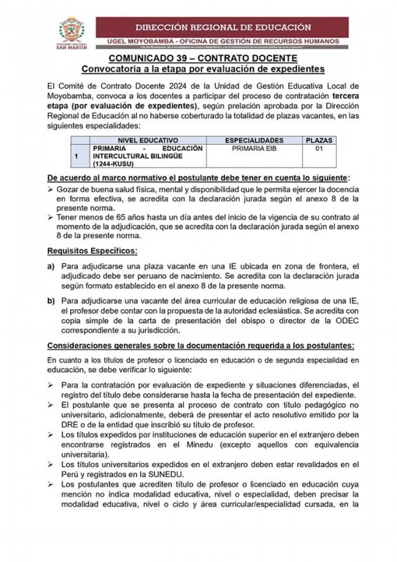 📌COMUNICADO 39 &ndash; CONTRATO DOCENTE Convocatoria a la etapa por evaluaci&oacute;n de expedientes.