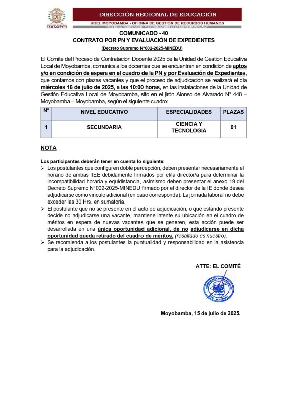COMUNICADO - 40 CONTRATO POR PN Y EVALUACIÓN DE EXPEDIENTES