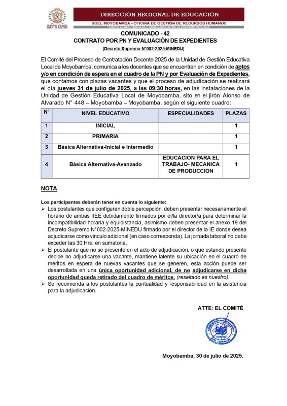 📌COMUNICADO - 42 CONTRATO POR PN Y EVALUACI&Oacute;N DE EXPEDIENTES
