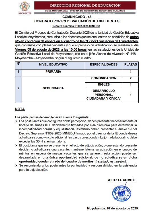 COMUNICADO - 43   CONTRATO POR PN Y EVALUACI&Oacute;N DE EXPEDIENTES