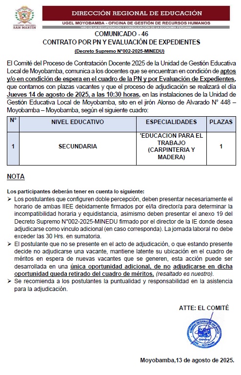 COMUNICADO - 46 CONTRATO POR PN Y EVALUACI&Oacute;N DE EXPEDIENTES
