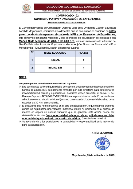 📌COMUNICADO - 53 CONTRATO POR PN Y EVALUACI&Oacute;N DE EXPEDIENTES