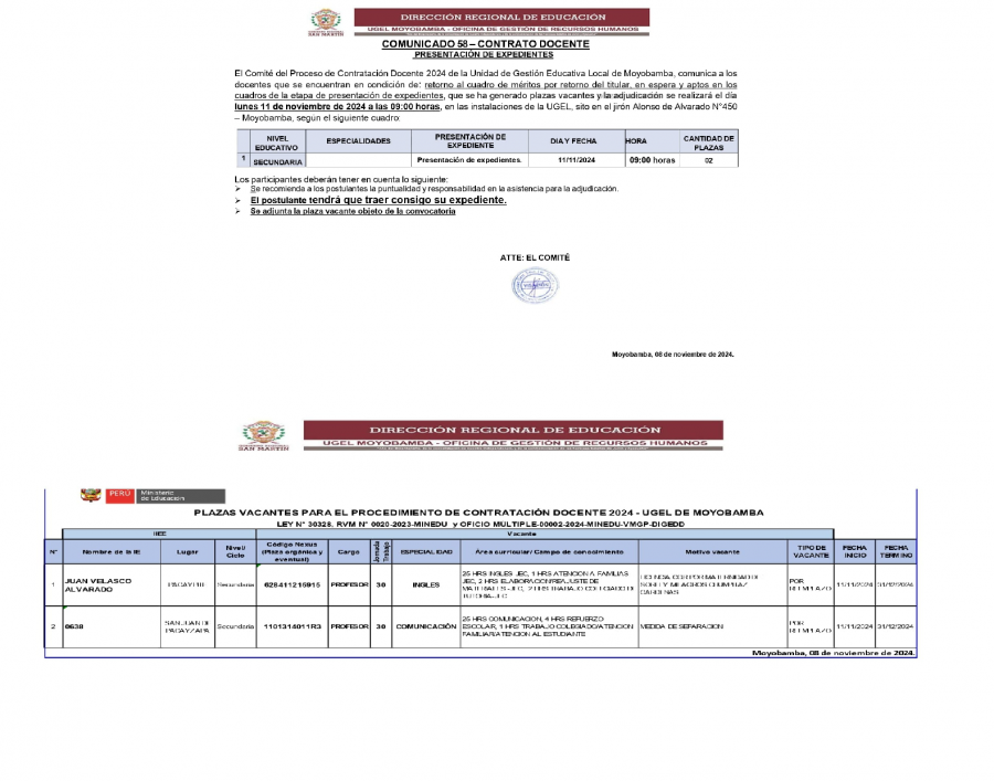 📌COMUNICADO 58&ndash; CONTRATO DOCENTEPRESENTACI&Oacute;N DE EXPEDIENTES.