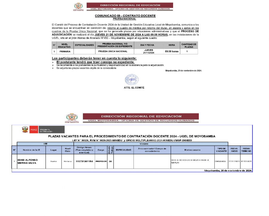 📍COMUNICADO 59&ndash; CONTRATO DOCENTE PRUEBA NACIONAL