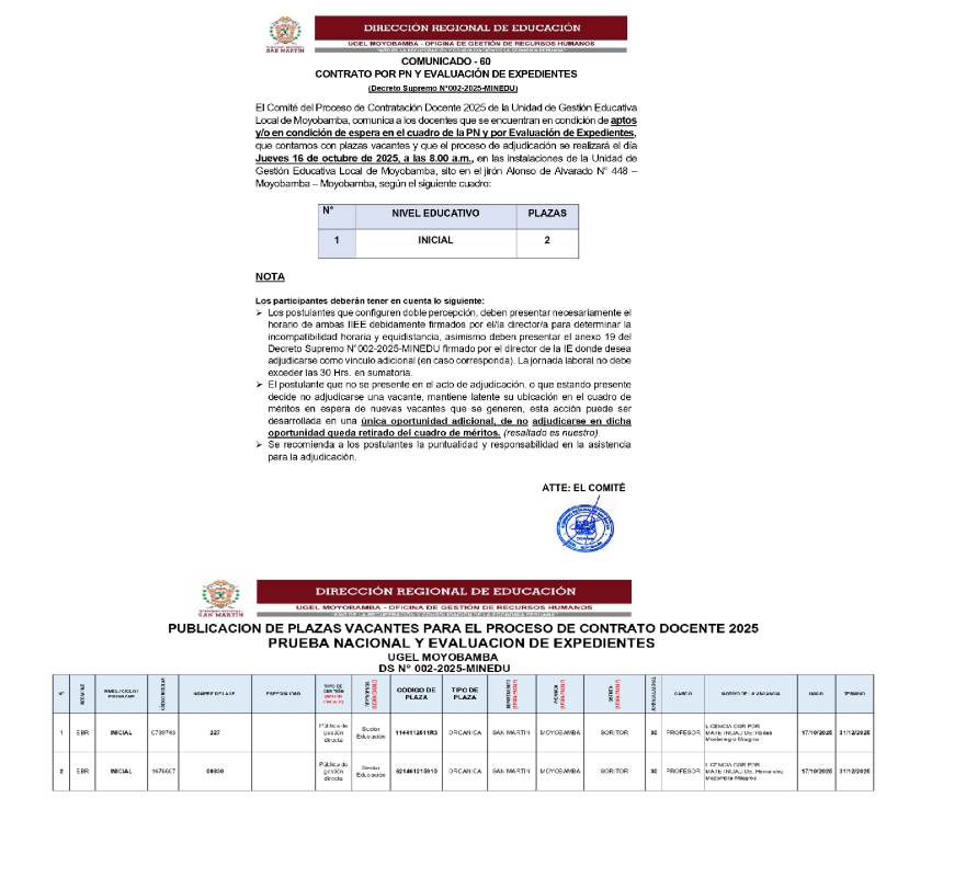 📌COMUNICADO - 60 CONTRATO POR PN Y EVALUACI&Oacute;N DE EXPEDIENTES.