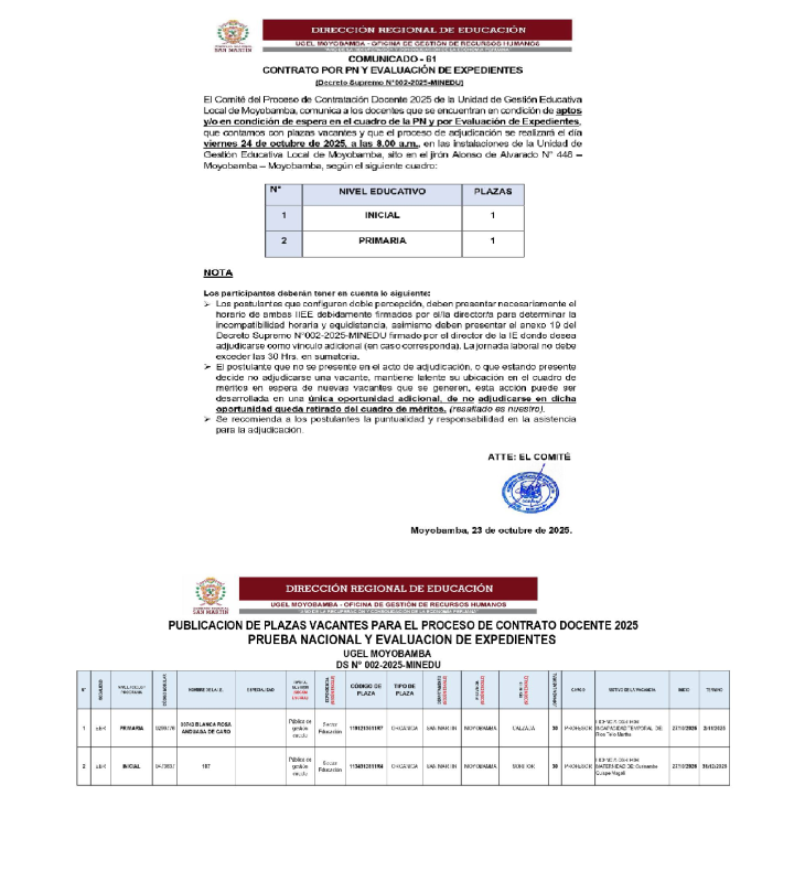 📌COMUNICADO - 61 CONTRATO POR PN Y EVALUACI&Oacute;N DE EXPEDIENTES