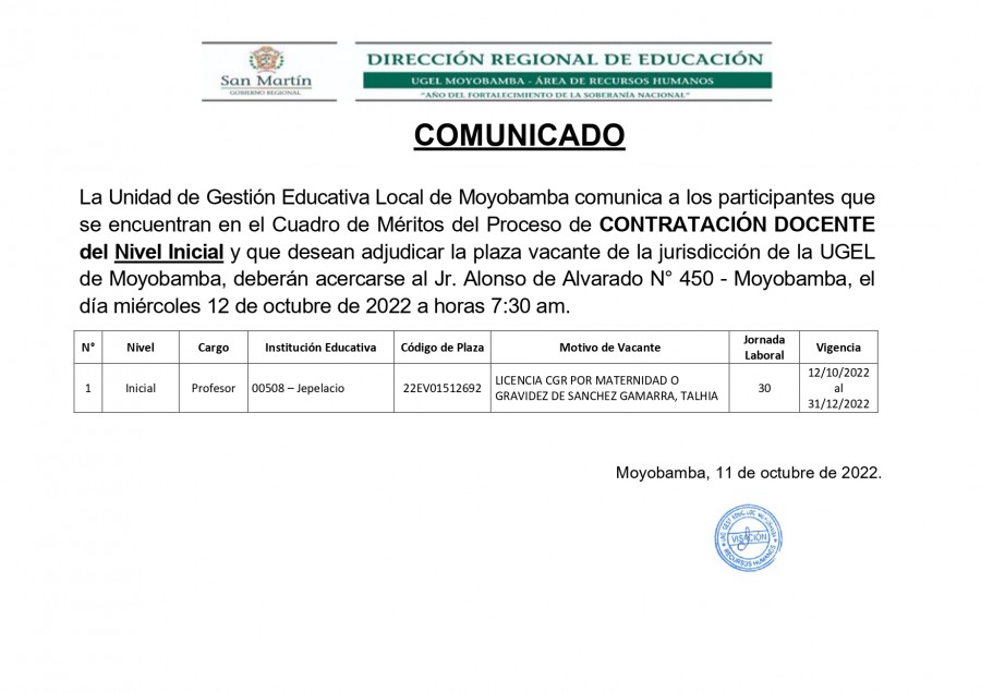 COMUNICADO - CONTRATACI&Oacute;N DOCENTE del Nivel Inicial