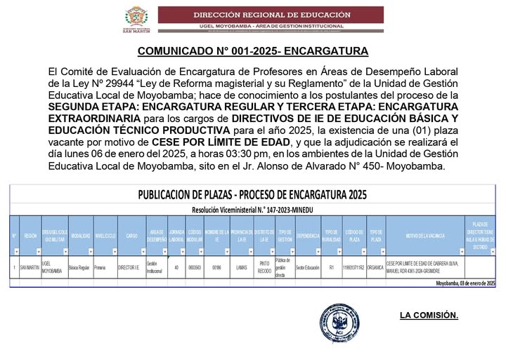 📍COMUNICADO N&deg; 001-2025- ENCARGATURA