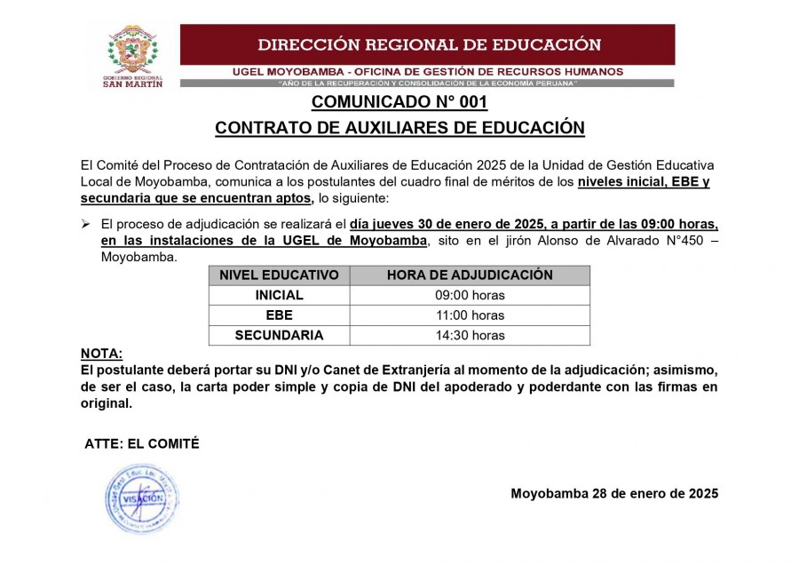 COMUNICADO N&deg; 001 - CONTRATO DE AUXILIARES DE EDUCACI&Oacute;N