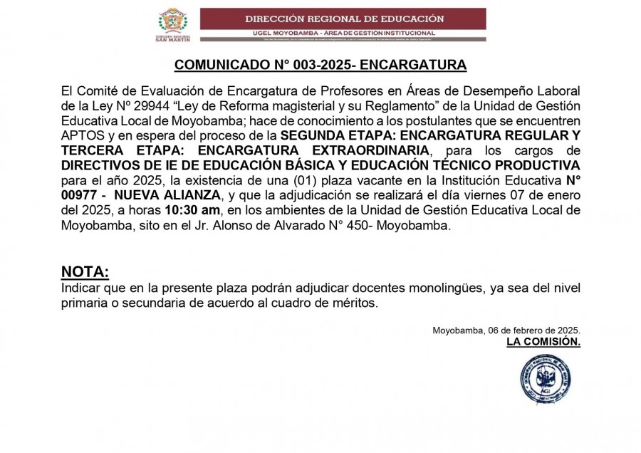 COMUNICADO N&deg; 003-2025- ENCARGATURA