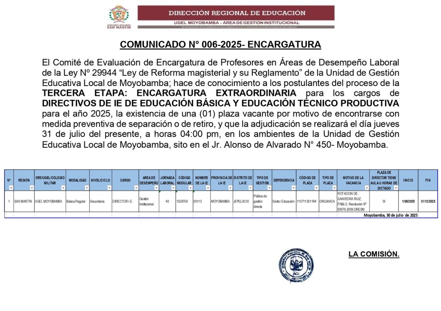 COMUNICADO N° 006-2025- ENCARGATURA