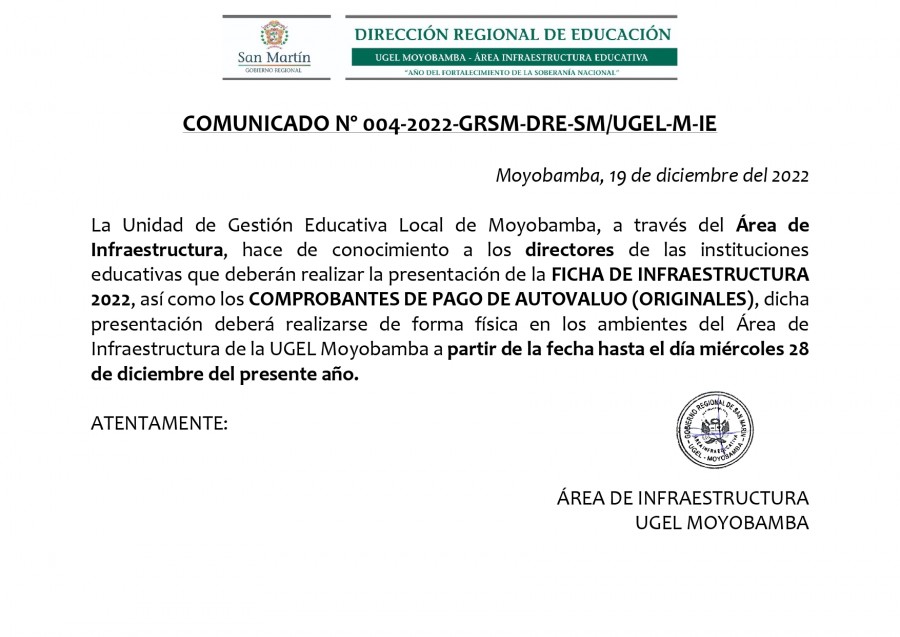 COMUNICADO N&ordm; 004-2022-GRSM-DRE-SM/UGEL-M-IE