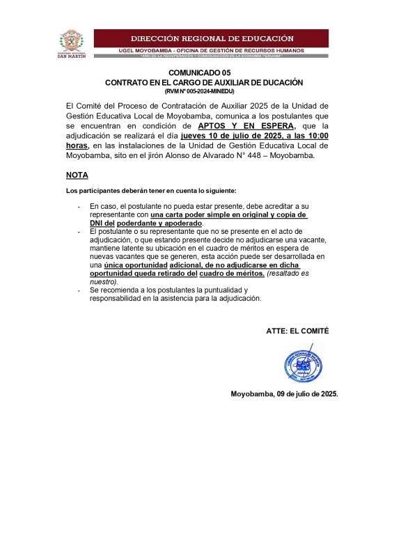 COMUNICADO 05 CONTRATO EN EL CARGO DE AUXILIAR DE DUCACIÓN (RVMN°005-2024-MINEDU)