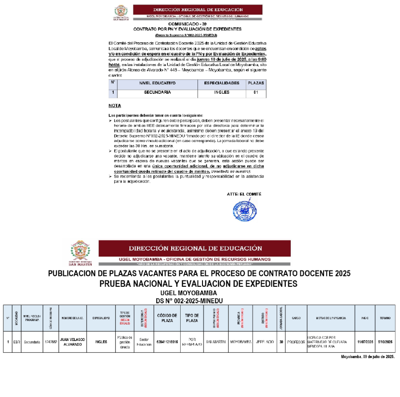 📌COMUNICADO - 39 CONTRATO POR PN Y EVALUACIÓN DE EXPEDIENTES.
