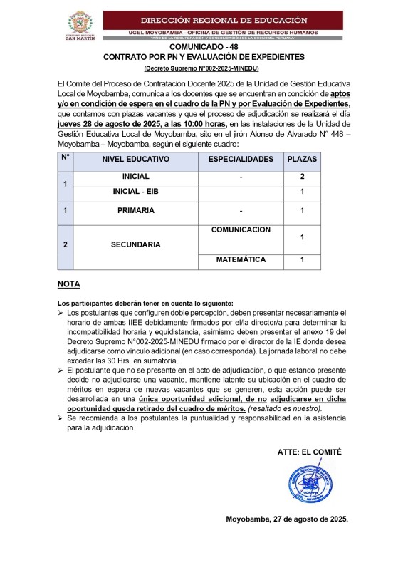 📌COMUNICADO - 48 CONTRATO POR PN Y EVALUACIÓN DE EXPEDIENTES