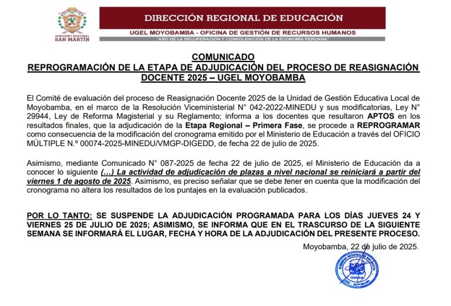 📌COMUNICADO REPROGRAMACIÓN DE LA ETAPA DE ADJUDICACIÓN DEL PROCESO DE REASIGNACIÓN DOCENTE 2025 – UGEL MOYOBAMBA.