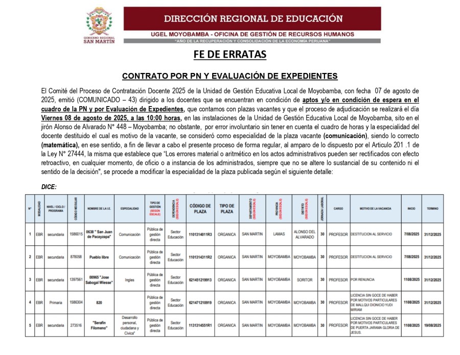 FE DE ERRATAS CONTRATO POR PN Y EVALUACIÓN DE EXPEDIENTES